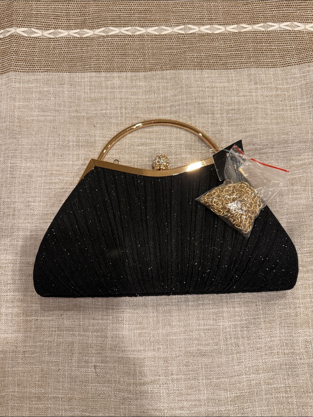 Glitter Black Evening Clutch with Gold Frame and Detachable Chain